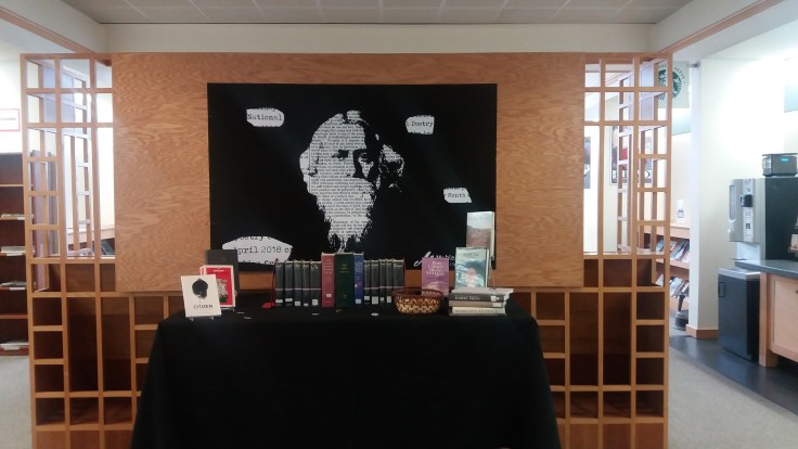 library display with books, poster in the style of blackout poetry
