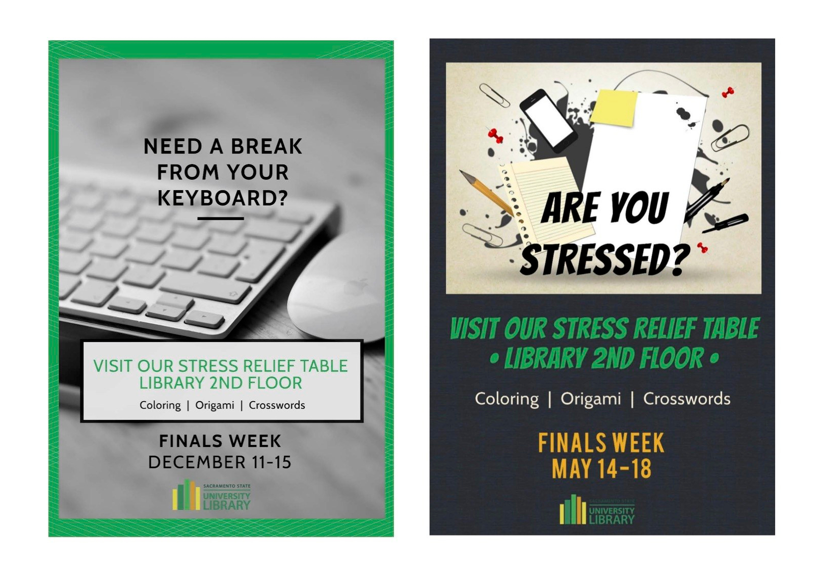 two fliers for stress relief activities