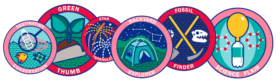 badges for summer programming. awards include: fossil finder, science flair, backyard explorerer, star spangled, green thumb, destination conservation