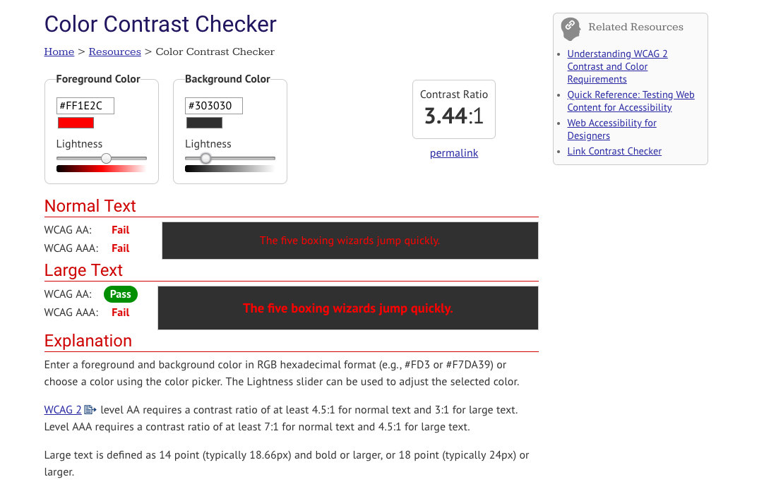 screenshot of WebAIM color contrast checker