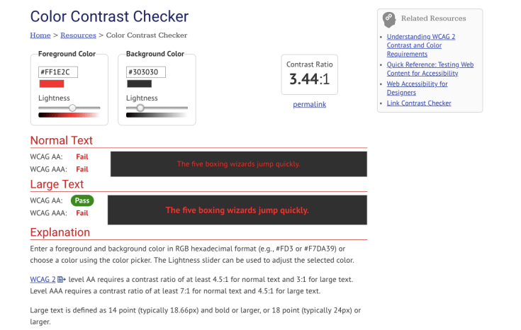 screenshot of WebAIM color contrast checker